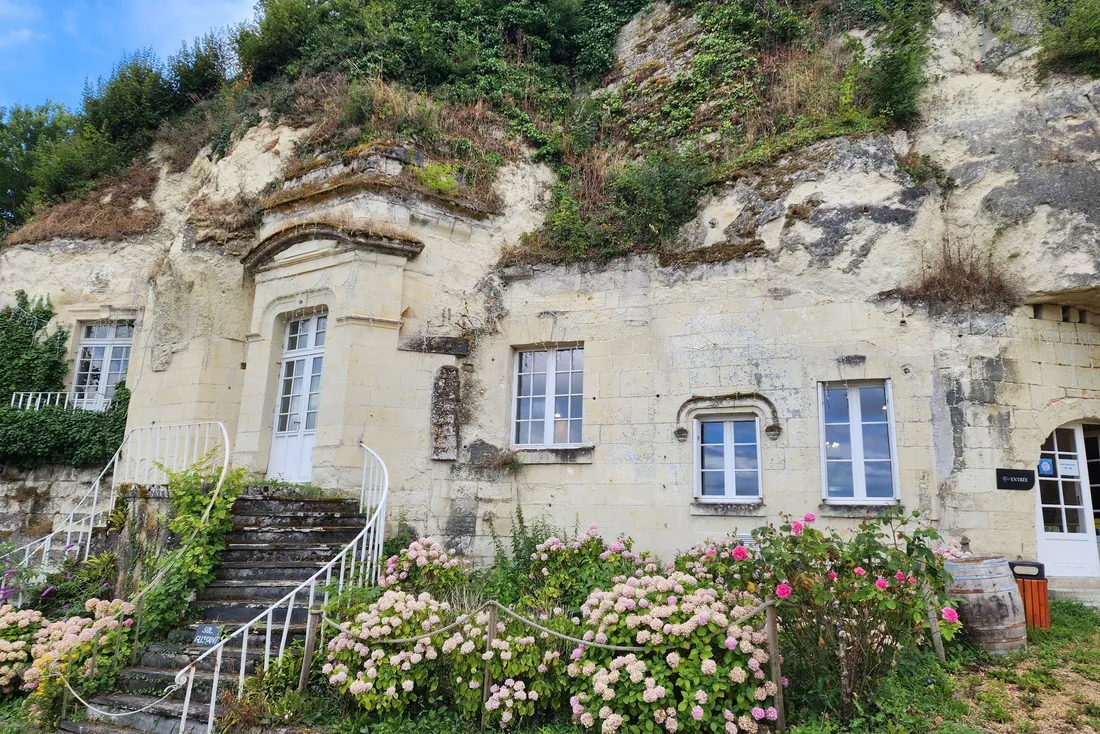 Maison troglodyte en tuffeau avec escalier extérieur et hortensias (Chambry, Seine-et-Marne)