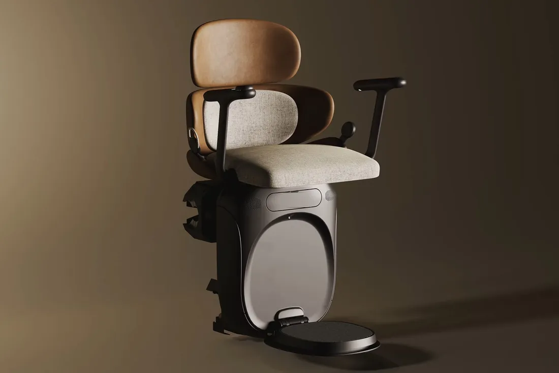 Fauteuil monte-escalier complet sur son chariot : assise en tissu clair, dossier et appui-tête en cuir, accoudoirs et repose-pieds (Audun-le-Tiche, Moselle)